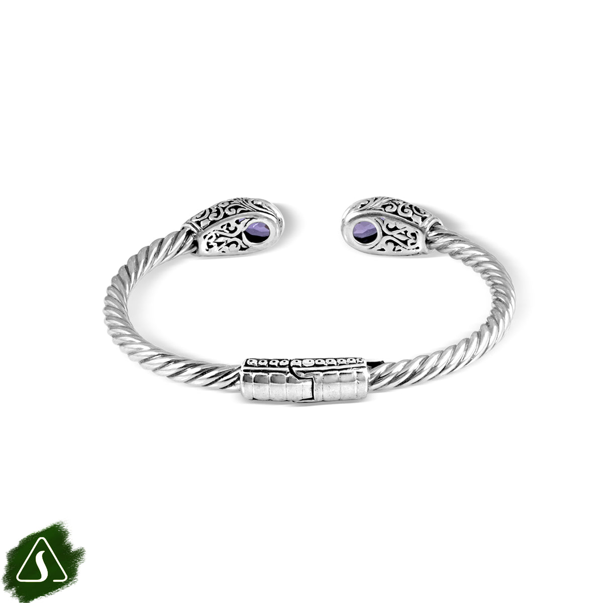 Artisan Twisted Silver Cuff Bracelet with Sculpted Ornamental Ends