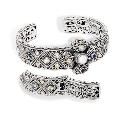 Handcrafted Sterling Silver Batik Engraved Cuff Bracelet with Multicolor Gemstones with 18k gold