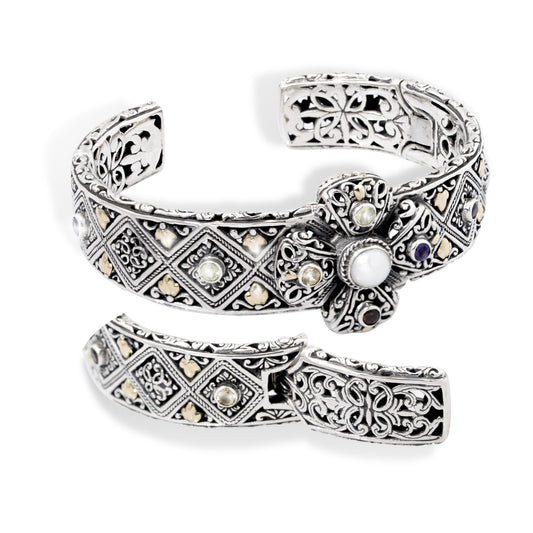 Handcrafted Sterling Silver Batik Engraved Cuff Bracelet with Multicolor Gemstones with 18k gold