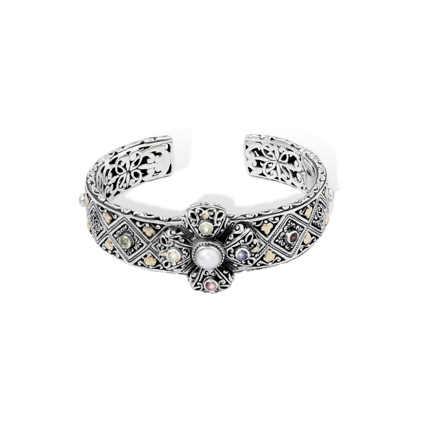 Handcrafted Sterling Silver Batik Engraved Cuff Bracelet with Multicolor Gemstones with 18k gold