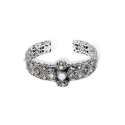 Handcrafted Sterling Silver Batik Engraved Cuff Bracelet with Multicolor Gemstones with 18k gold