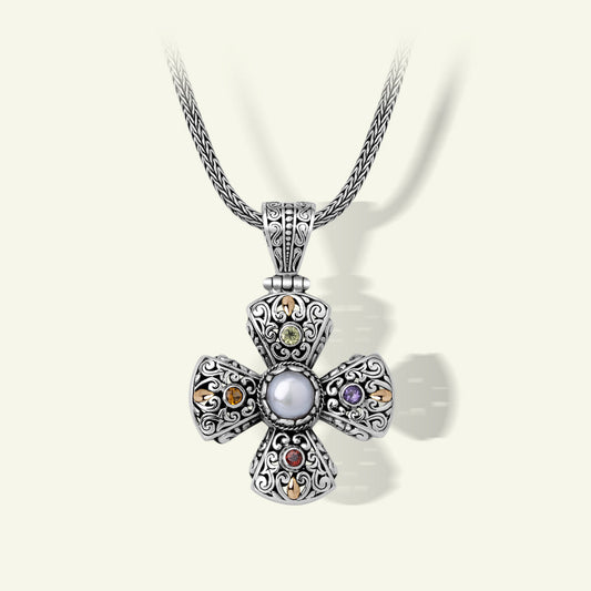 Artisan Sterling Silver Petal Cross Pendant with Pearl Centerpiece