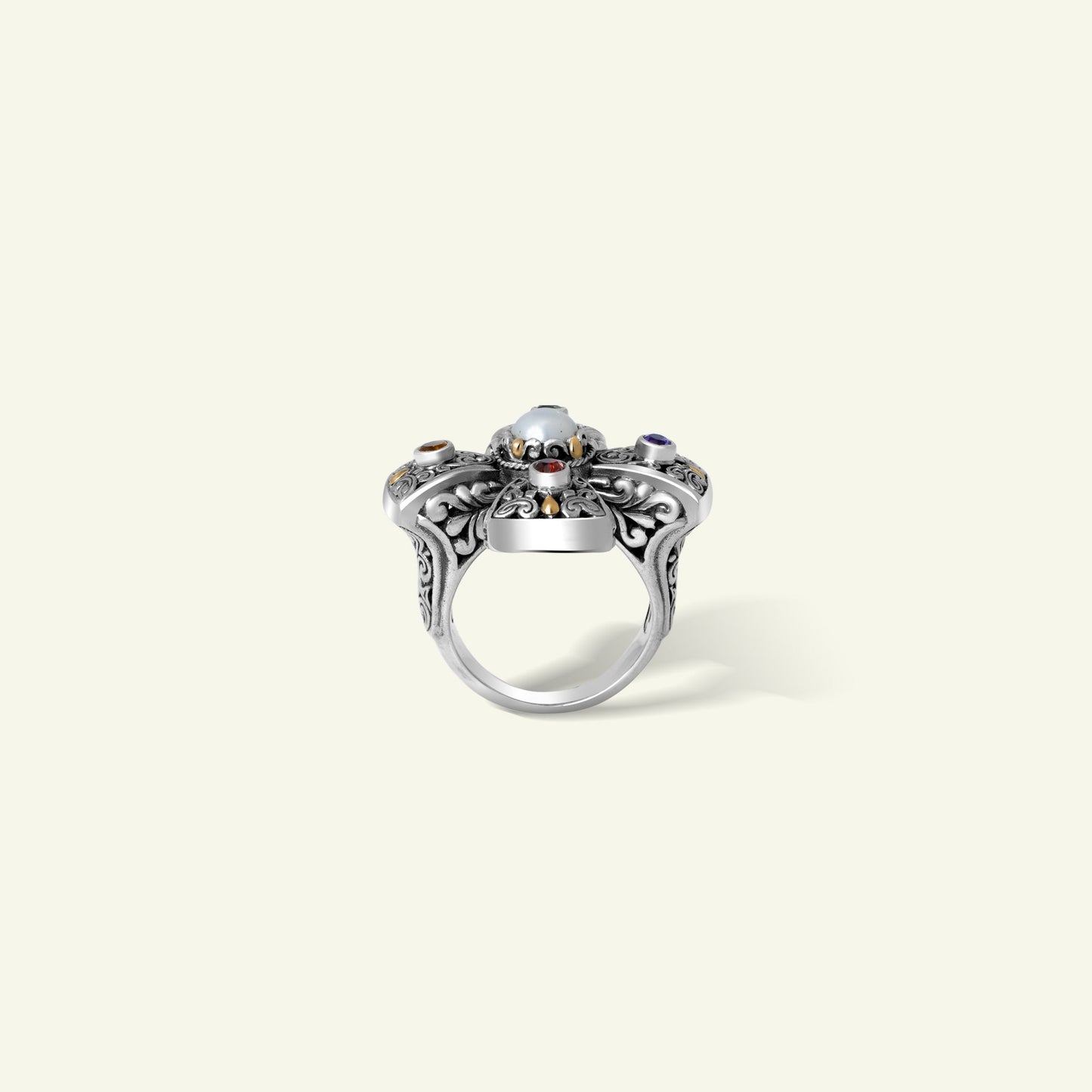 Handcrafted Sterling Silver Floral Statement Ring with Pearl and Multistone Accents