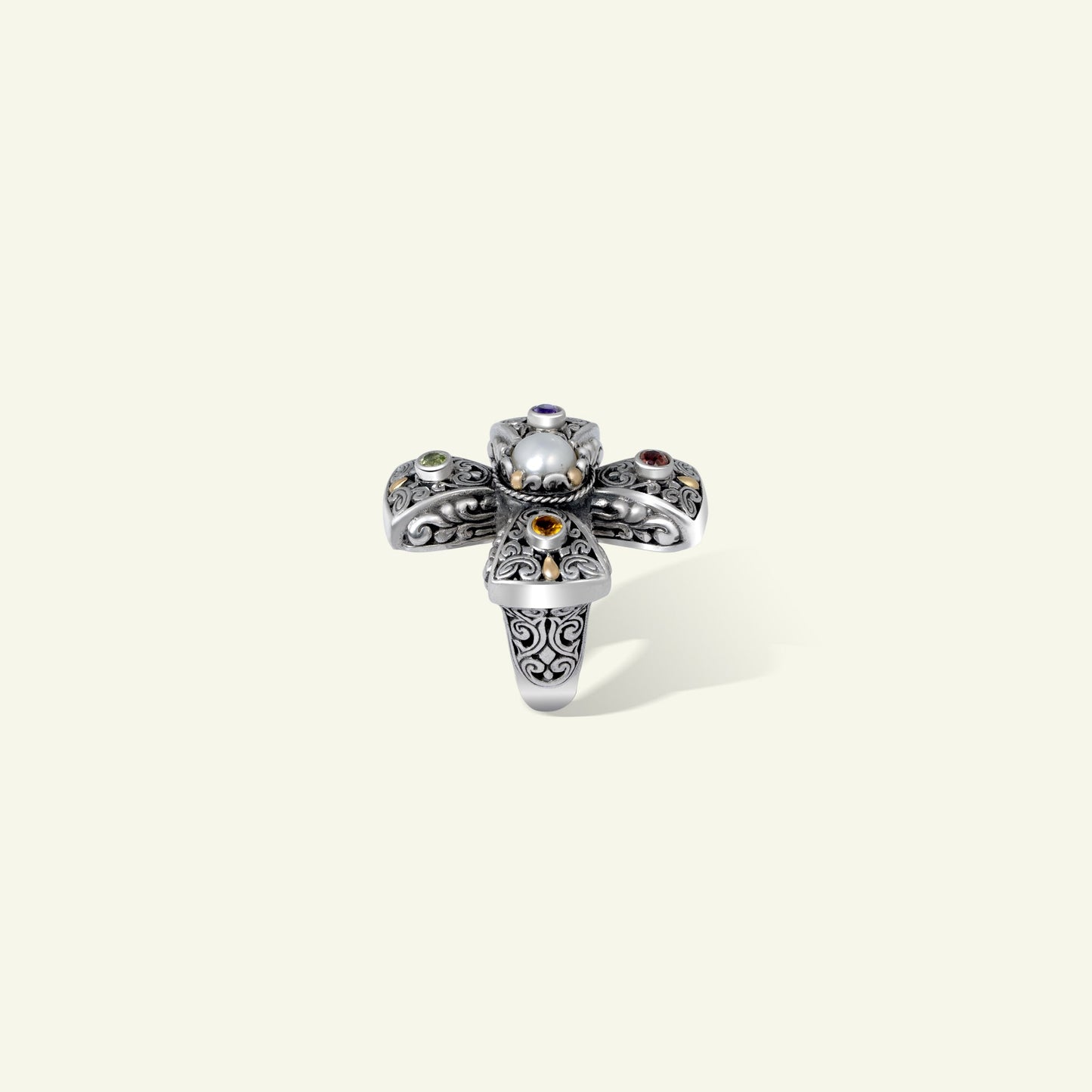 Handcrafted Sterling Silver Floral Statement Ring with Pearl and Multistone Accents