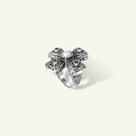 Handcrafted Sterling Silver Floral Statement Ring with Pearl and Multistone Accents