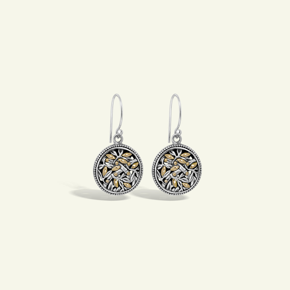 Bamboo Floral Disc Drop Earrings Featuring Handcrafted Silver Filigree and Gold Accents