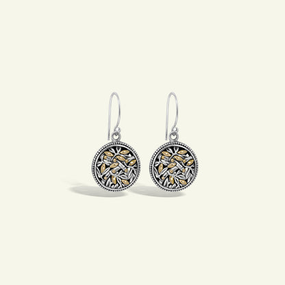 Bamboo Floral Disc Drop Earrings Featuring Handcrafted Silver Filigree and Gold Accents