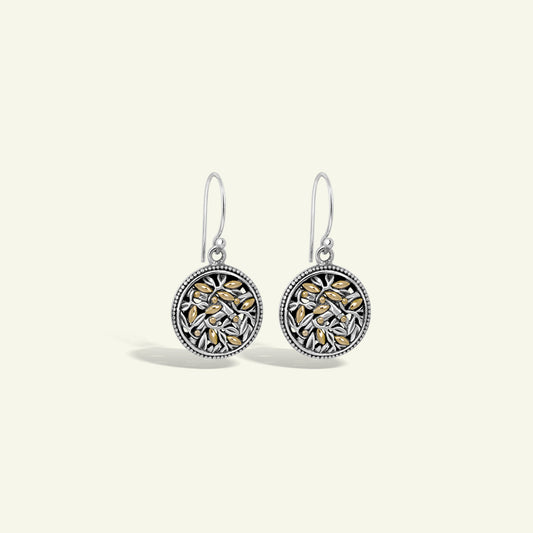 Bamboo Floral Disc Drop Earrings Featuring Handcrafted Silver Filigree and Gold Accents