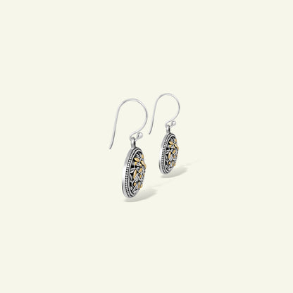 Bamboo Floral Disc Drop Earrings Featuring Handcrafted Silver Filigree and Gold Accents