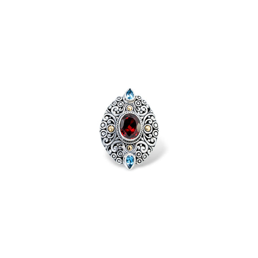 Silver Garnet & Blue Topaz Statement Ring – Handcrafted Balinese Jewelry