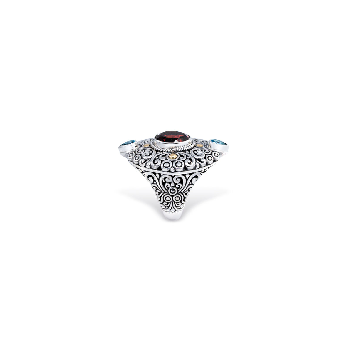 Silver Garnet & Blue Topaz Statement Ring – Handcrafted Balinese Jewelry
