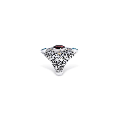 Silver Garnet & Blue Topaz Statement Ring – Handcrafted Balinese Jewelry