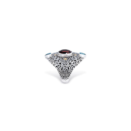 Silver Garnet & Blue Topaz Statement Ring – Handcrafted Balinese Jewelry