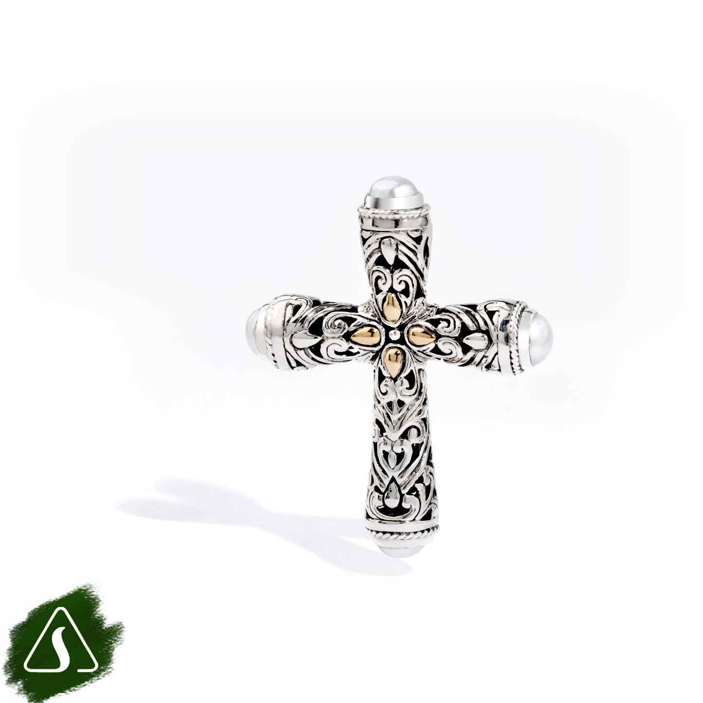 Handcrafted Sterling Silver Cross Pendant with Freshwater Pearls & 18K Gold