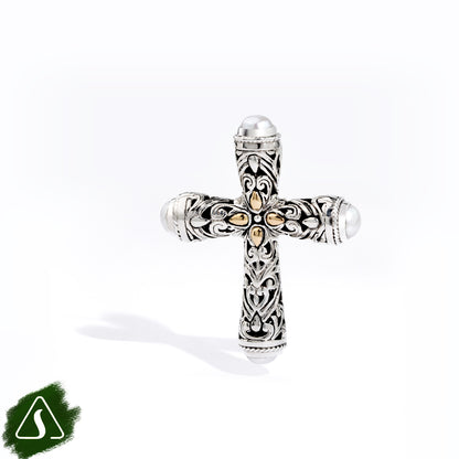 Handcrafted Sterling Silver Cross Pendant with Freshwater Pearls & 18K Gold