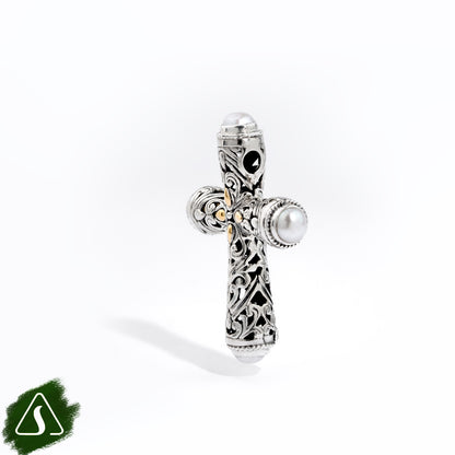 Handcrafted Sterling Silver Cross Pendant with Freshwater Pearls & 18K Gold
