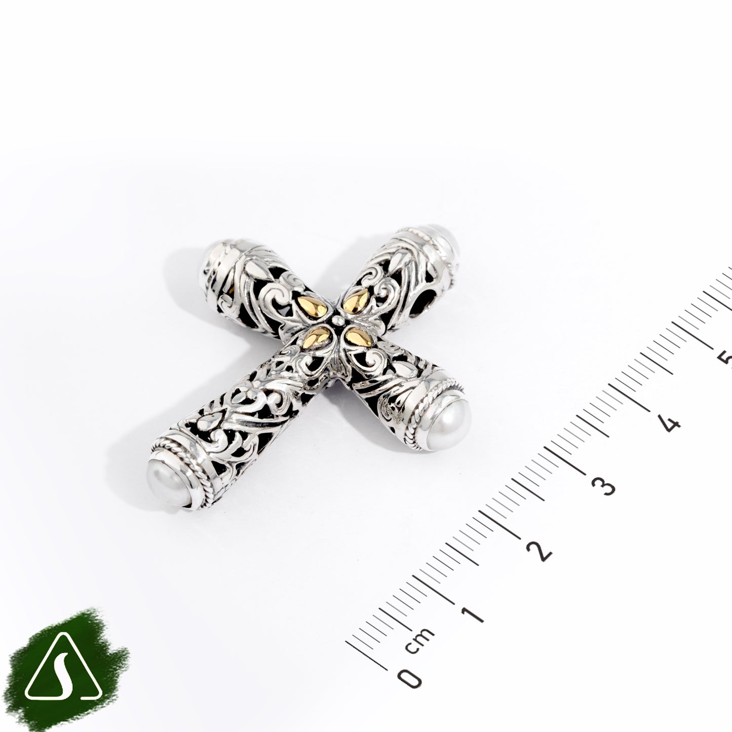 Handcrafted Sterling Silver Cross Pendant with Freshwater Pearls & 18K Gold