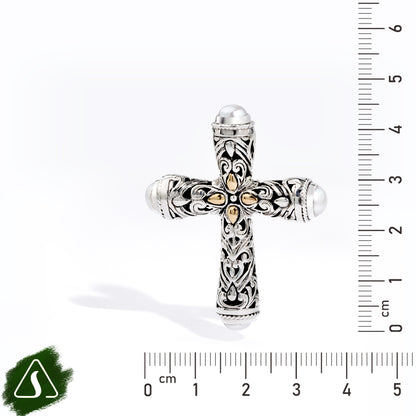 Handcrafted Sterling Silver Cross Pendant with Freshwater Pearls & 18K Gold
