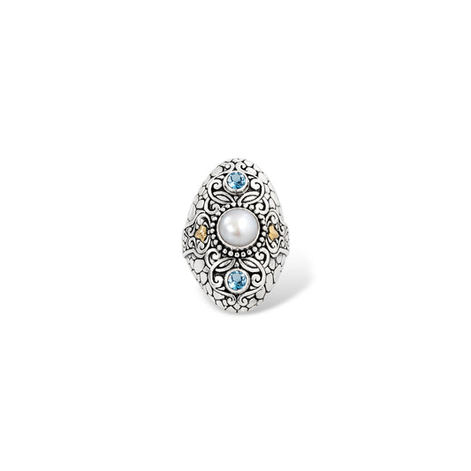 Silver Pearl & Blue Topaz Statement Ring – Handcrafted Balinese Jewelry
