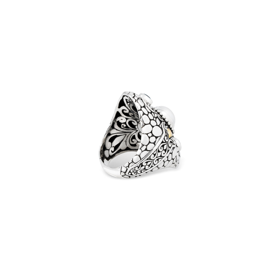 Silver Pearl & Blue Topaz Statement Ring – Handcrafted Balinese Jewelry