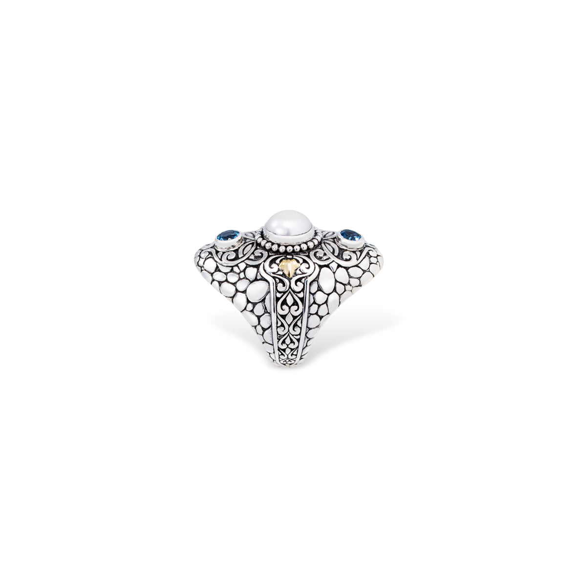 Silver Pearl & Blue Topaz Statement Ring – Handcrafted Balinese Jewelry
