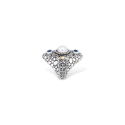 Silver Pearl & Blue Topaz Statement Ring – Handcrafted Balinese Jewelry