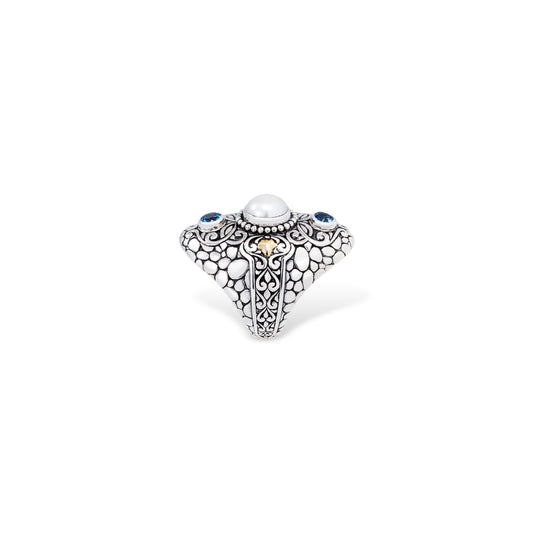 Silver Pearl & Blue Topaz Statement Ring – Handcrafted Balinese Jewelry