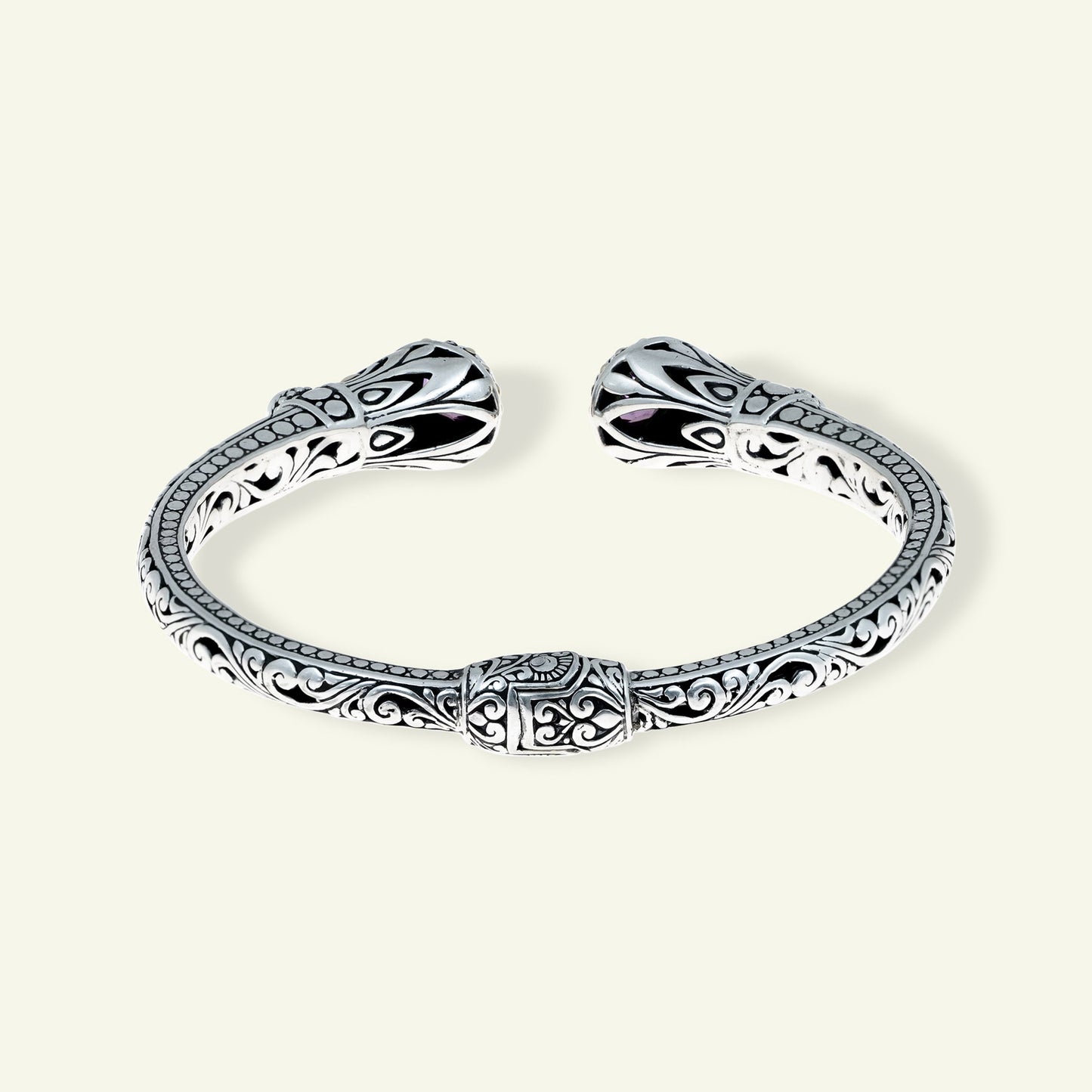Sterling Silver Ornate Gemstone Cuff Bracelet – Amethyst | Blue Topaz | Peridot
