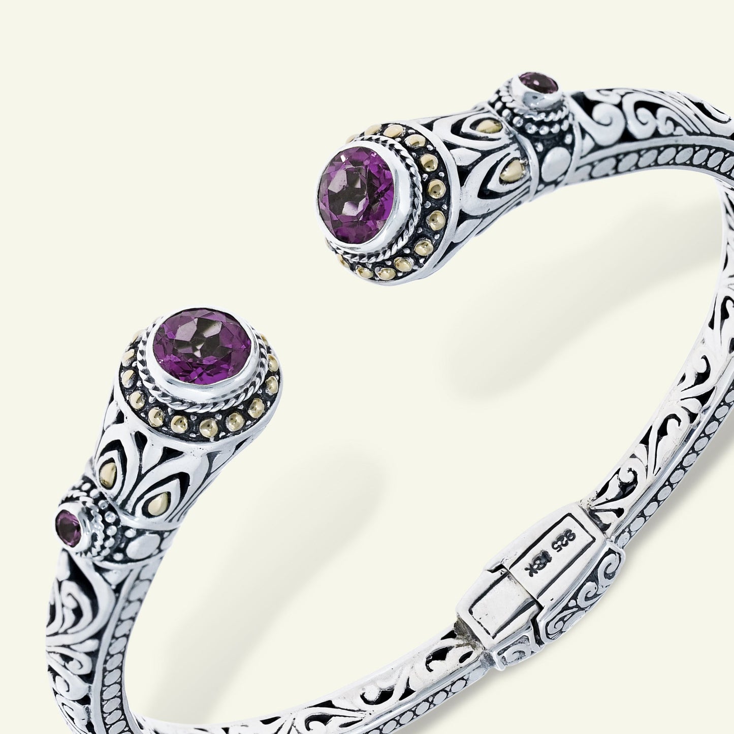 Sterling Silver Ornate Gemstone Cuff Bracelet – Amethyst | Blue Topaz | Peridot