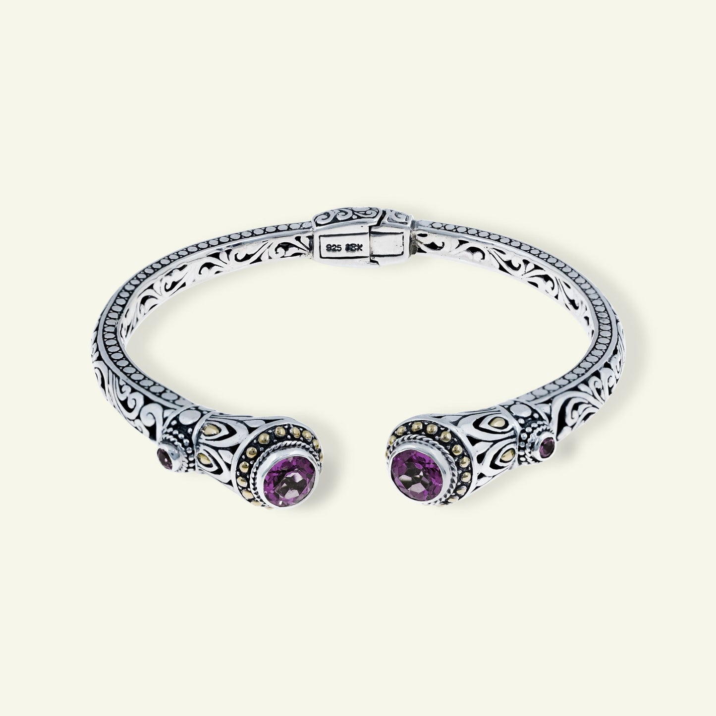 Sterling Silver Ornate Gemstone Cuff Bracelet – Amethyst | Blue Topaz | Peridot