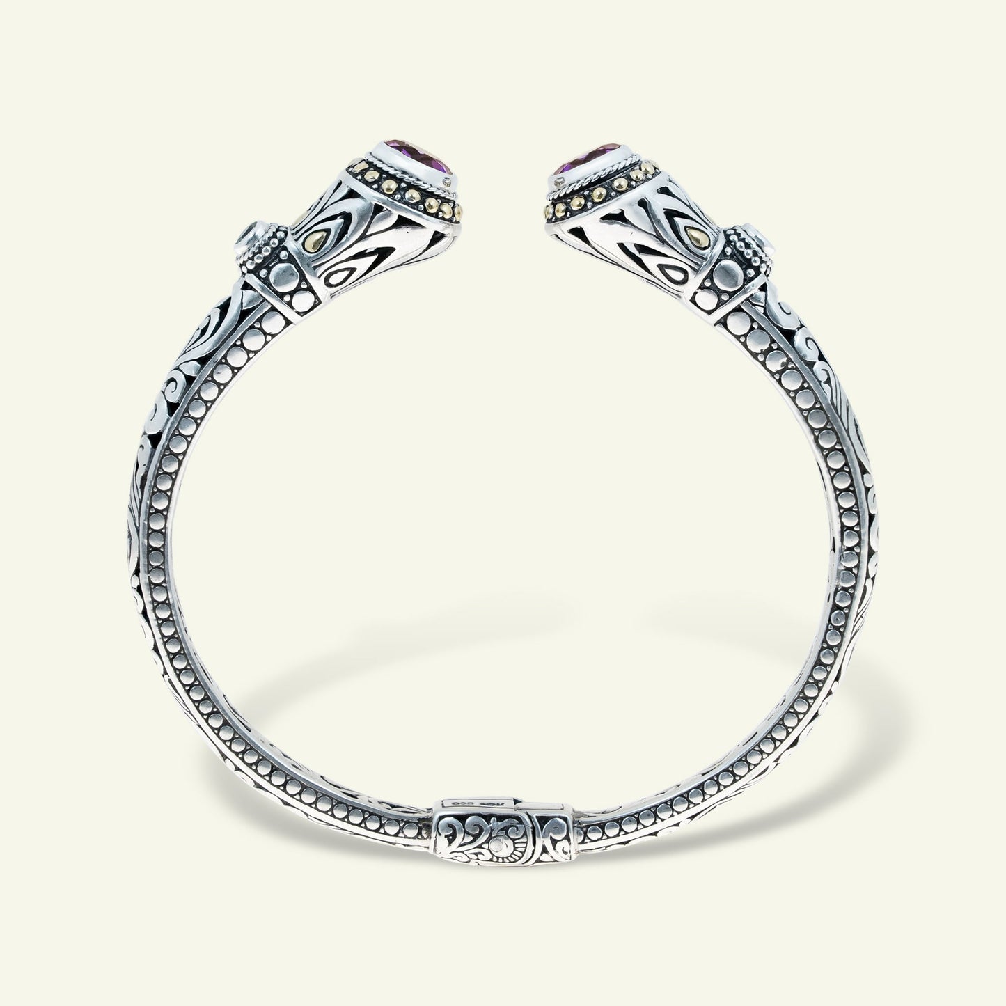 Sterling Silver Ornate Gemstone Cuff Bracelet – Amethyst | Blue Topaz | Peridot