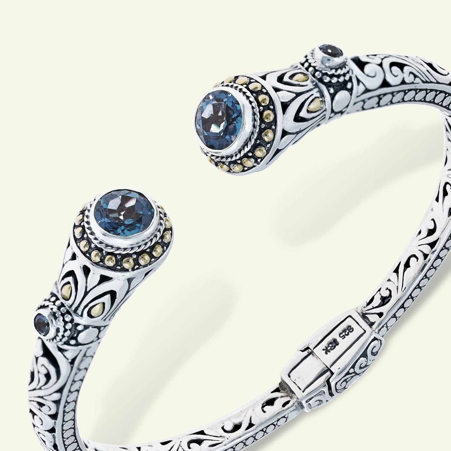 Sterling Silver Ornate Gemstone Cuff Bracelet – Amethyst | Blue Topaz | Peridot
