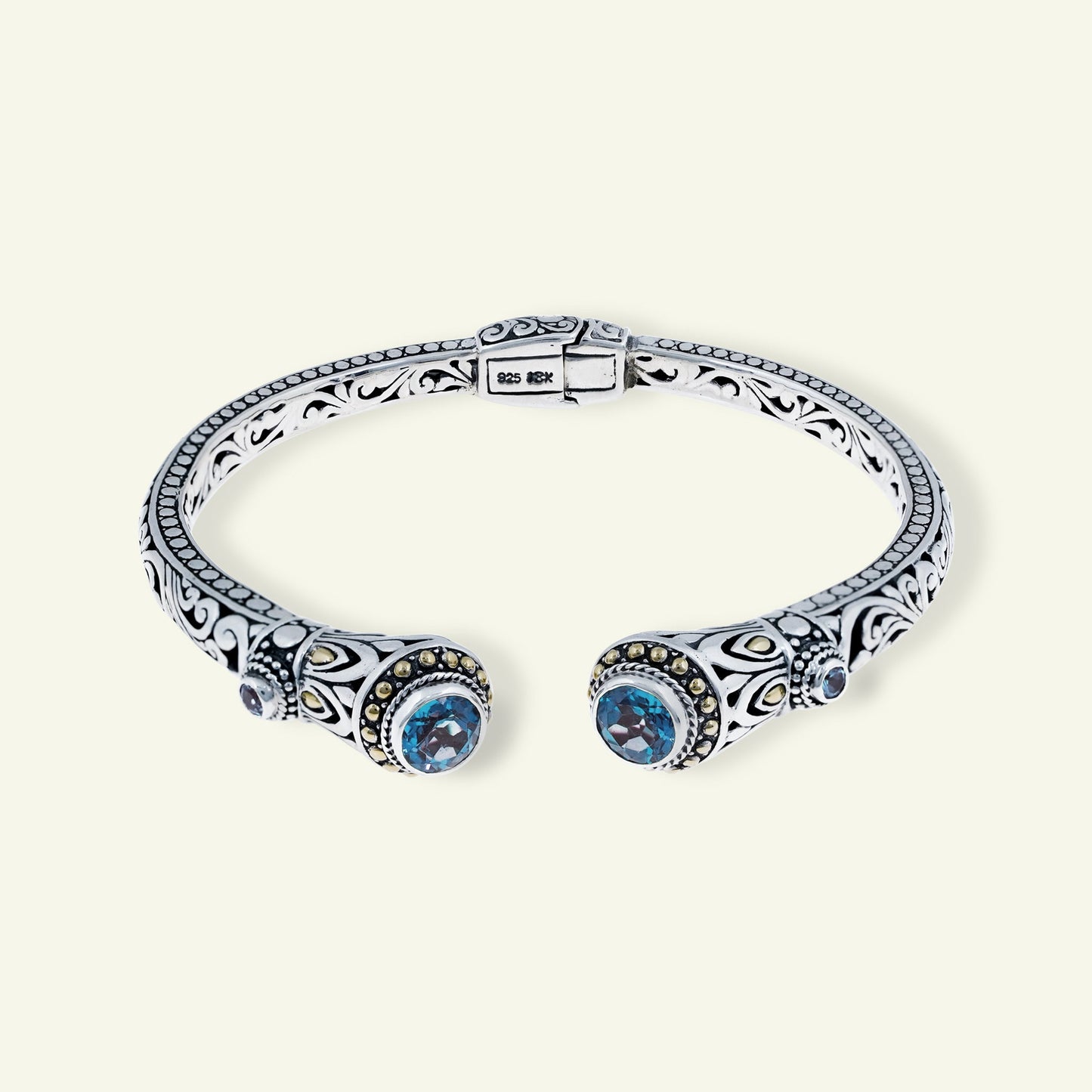 Sterling Silver Ornate Gemstone Cuff Bracelet – Amethyst | Blue Topaz | Peridot