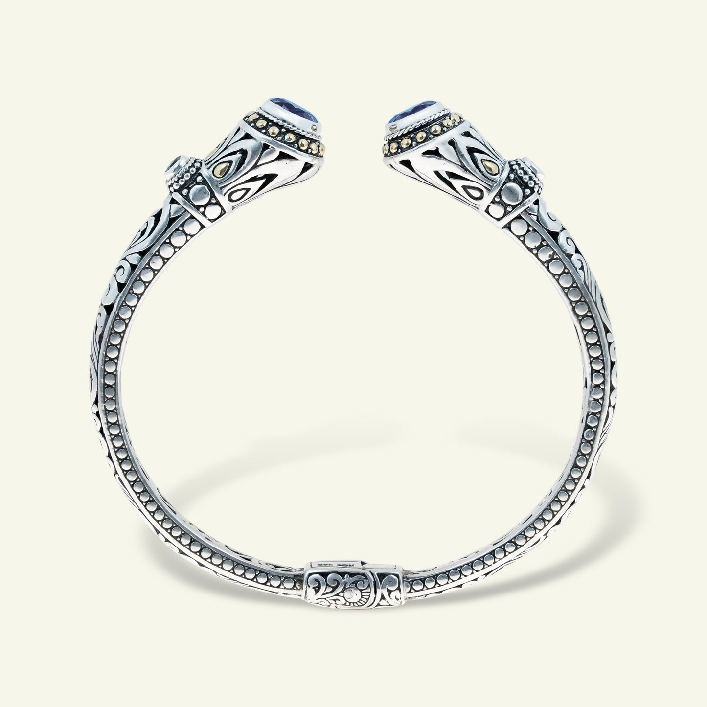Sterling Silver Ornate Gemstone Cuff Bracelet – Amethyst | Blue Topaz | Peridot