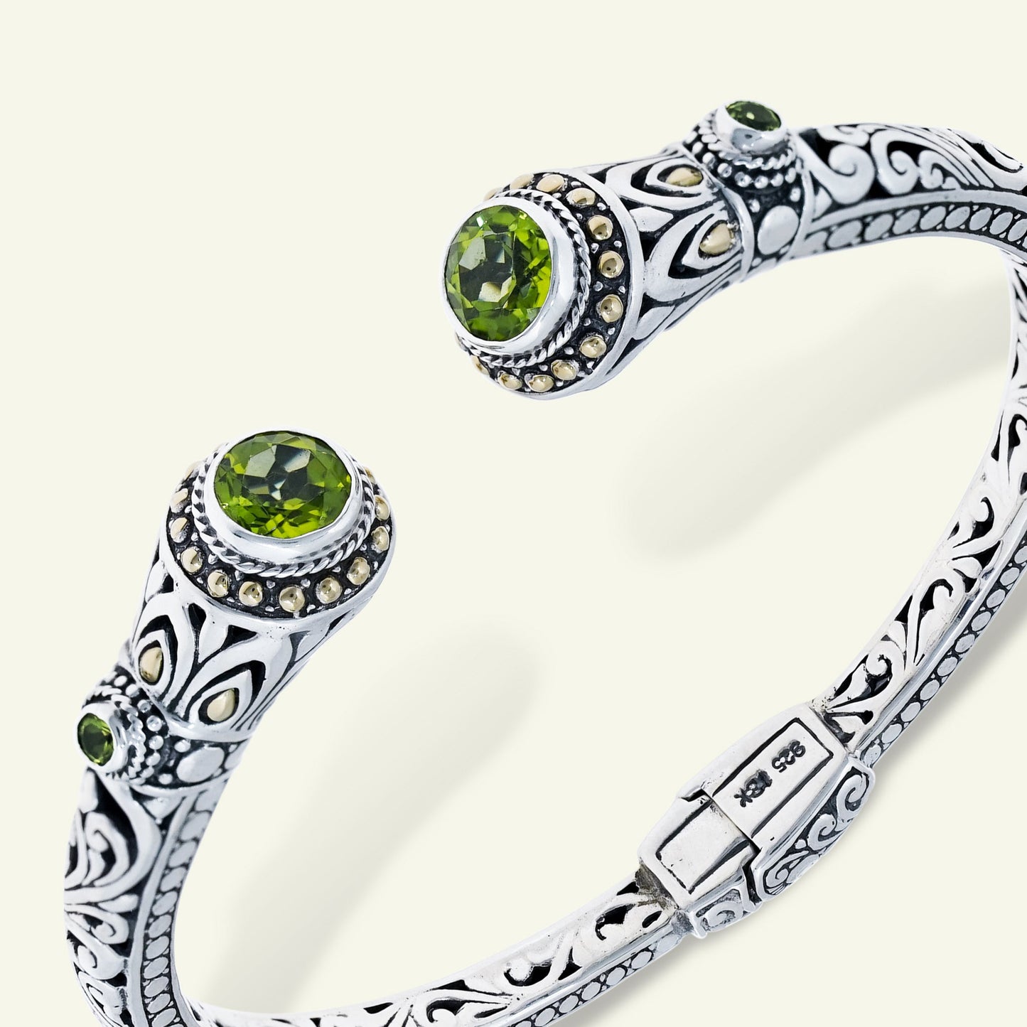 Sterling Silver Ornate Gemstone Cuff Bracelet – Amethyst | Blue Topaz | Peridot
