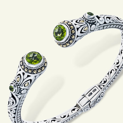 Sterling Silver Ornate Gemstone Cuff Bracelet – Amethyst | Blue Topaz | Peridot