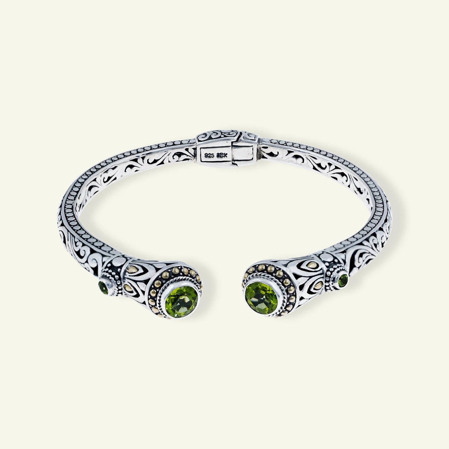 Sterling Silver Ornate Gemstone Cuff Bracelet – Amethyst | Blue Topaz | Peridot