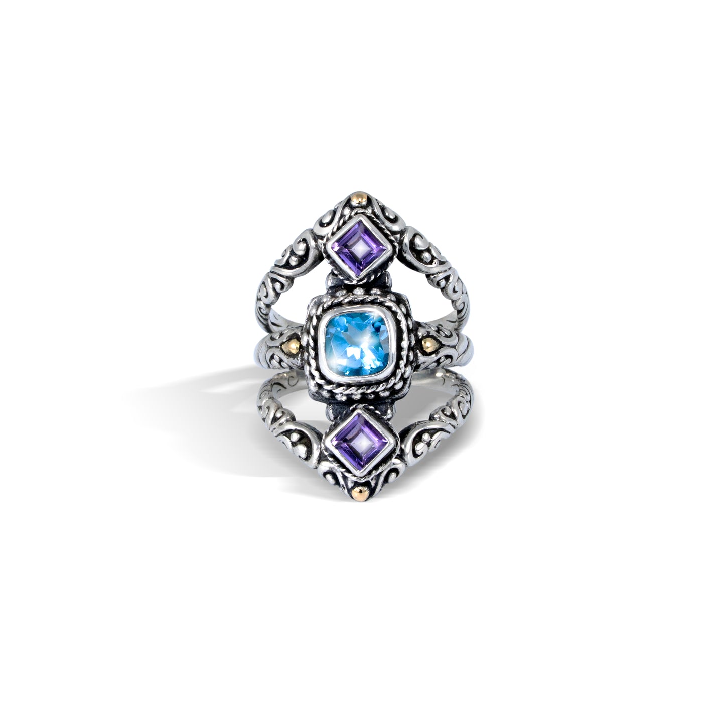 Handcrafted Bali Sterling Silver Ring with Blue Topaz, Amethyst & 18K Gold Accents