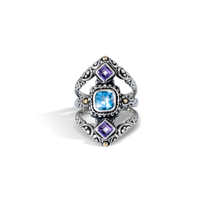 Handcrafted Bali Sterling Silver Ring with Blue Topaz, Amethyst & 18K Gold Accents