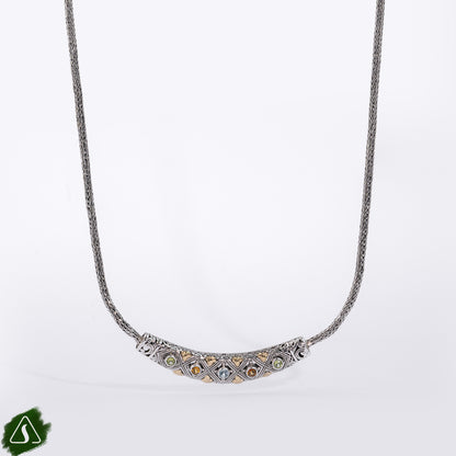 Sterling Silver Bar Necklace with Blue Topaz, Peridot & Citrine Gemstones and 18K Gold Accents