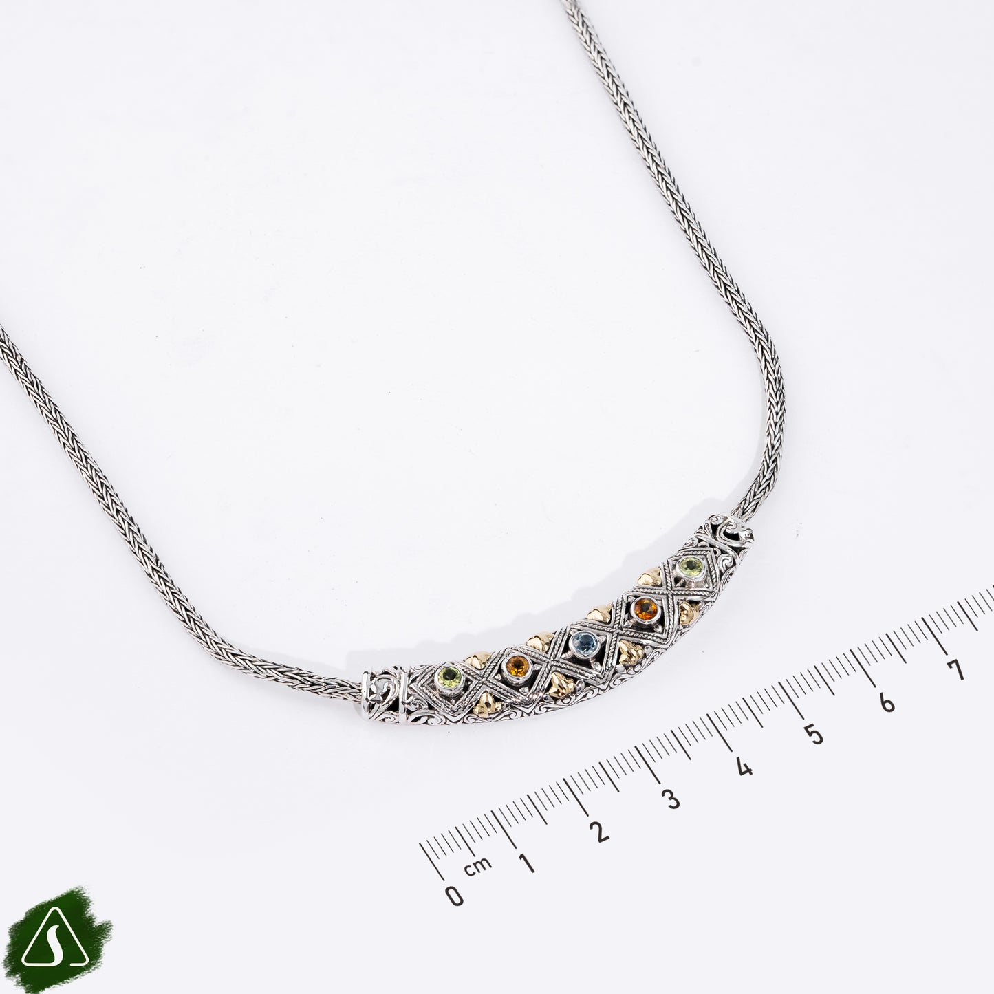 Sterling Silver Bar Necklace with Blue Topaz, Peridot & Citrine Gemstones and 18K Gold Accents