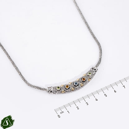 Sterling Silver Bar Necklace with Blue Topaz, Peridot & Citrine Gemstones and 18K Gold Accents