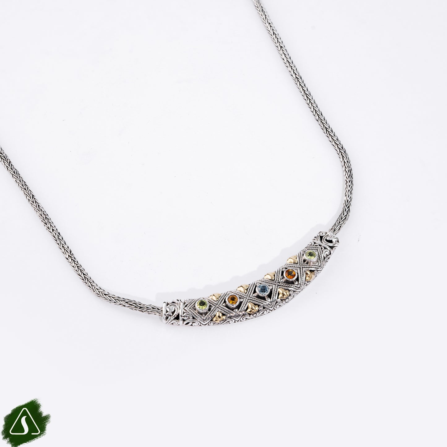 Sterling Silver Bar Necklace with Blue Topaz, Peridot & Citrine Gemstones and 18K Gold Accents