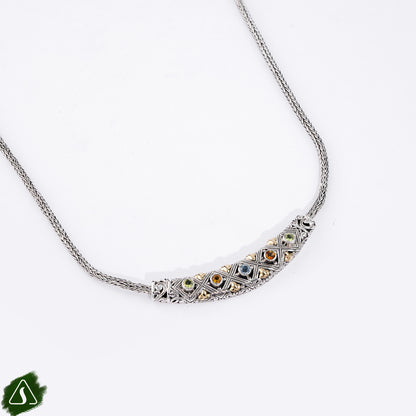 Sterling Silver Bar Necklace with Blue Topaz, Peridot & Citrine Gemstones and 18K Gold Accents