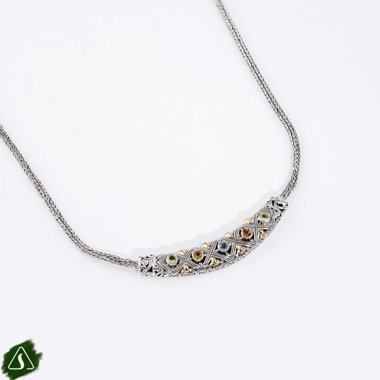 Sterling Silver Bar Necklace with Blue Topaz, Peridot & Citrine Gemstones and 18K Gold Accents