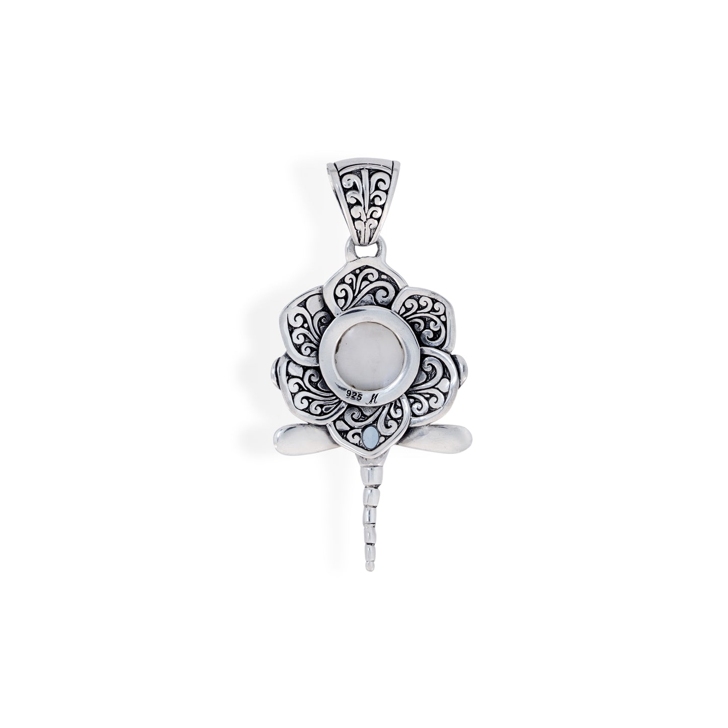Sterling Silver Dragonfly Pendant with White Pearl & Blue Topaz