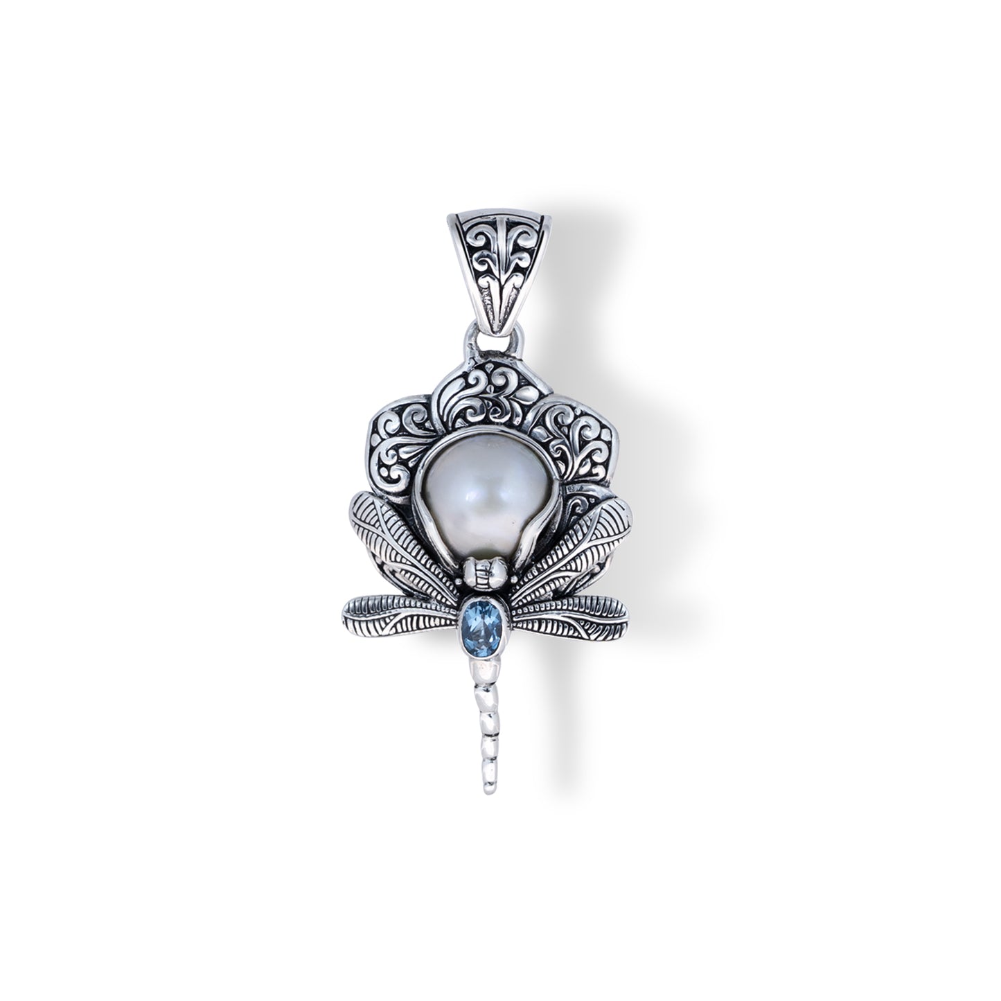 Sterling Silver Dragonfly Pendant with White Pearl & Blue Topaz