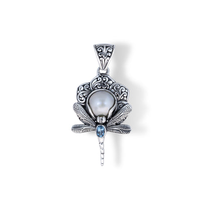 Sterling Silver Dragonfly Pendant with White Pearl & Blue Topaz