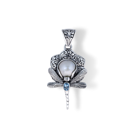 Sterling Silver Dragonfly Pendant with White Pearl & Blue Topaz