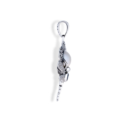 Sterling Silver Dragonfly Pendant with White Pearl & Blue Topaz